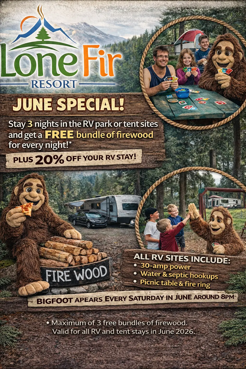 A poster featuring Bigfoot at Lone Fir Resort and the June Special for RV stays.